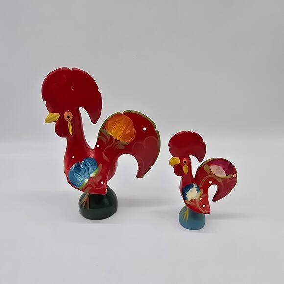 VTG Ceramic Portugal Folk Art Hand Paint Figurine Flower Good Luck Rooster 2 Red